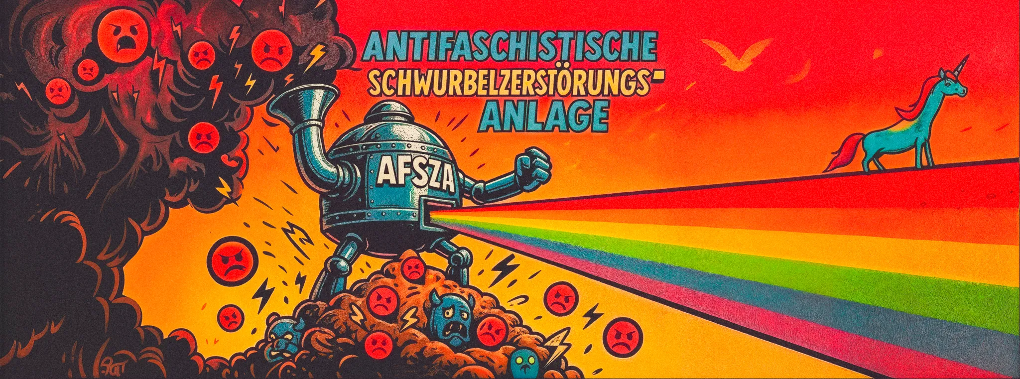 Antifascistische robot met regenboogstralen